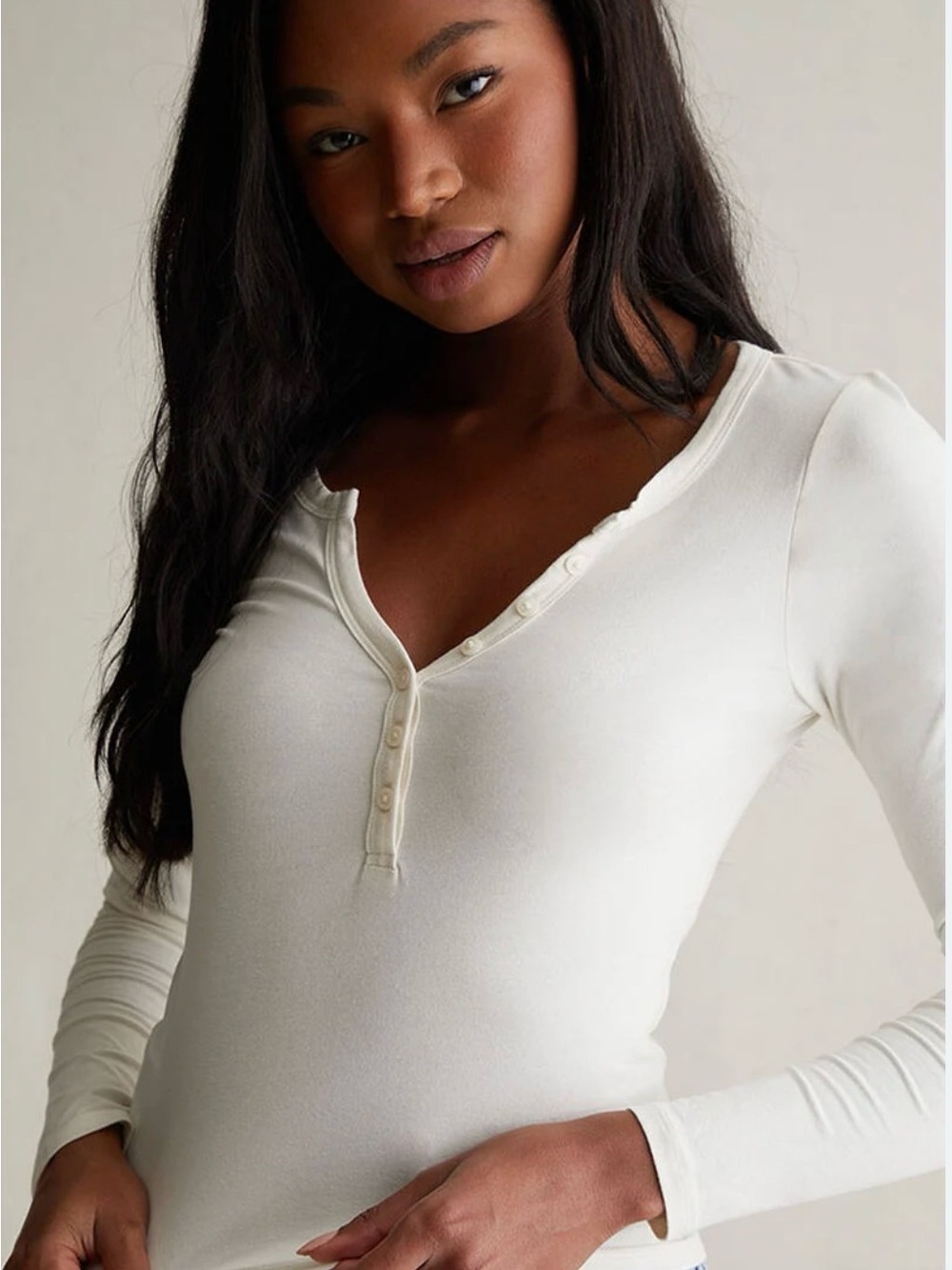 PacSun Ashlee Notched Washed Henley Top Off-White Cream Size M - fits like a S
